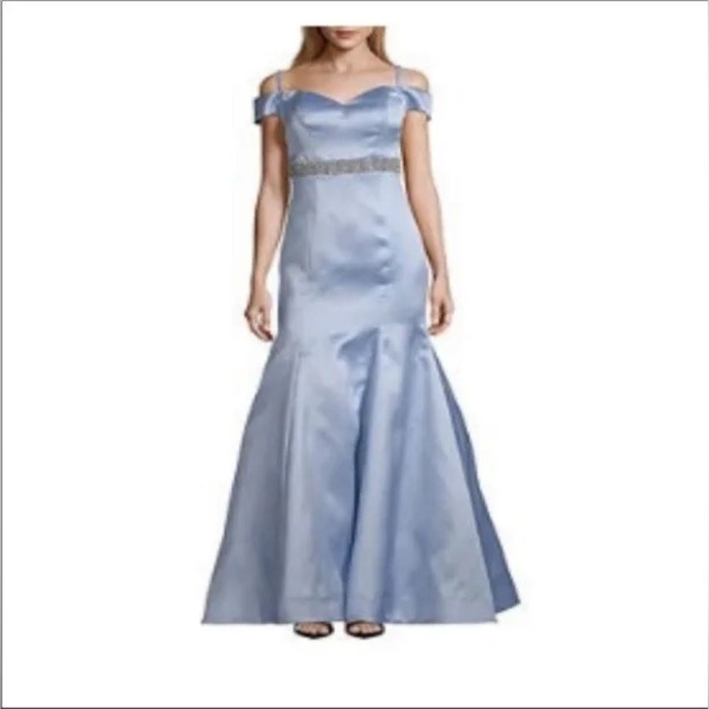 Blue off-shoulder prom dress, mermaid style
